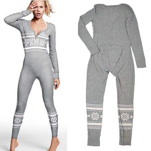 VS PINK Thermal Onesie Pajama M Grey Fair Isle Drop Seat 2016 Limited Rare - Picture 1 of 12
